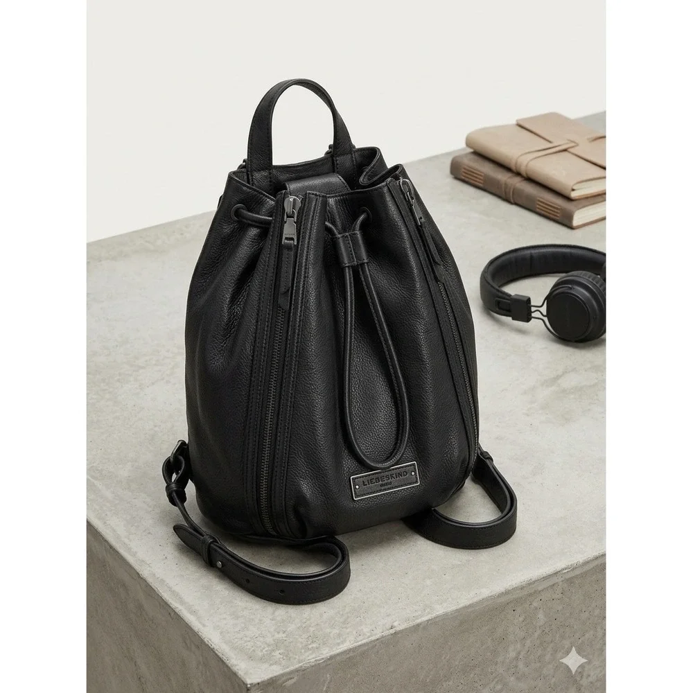Liebeskind Berlin Backpack Womens Medium Black Leather Drawstring Bucket Bag